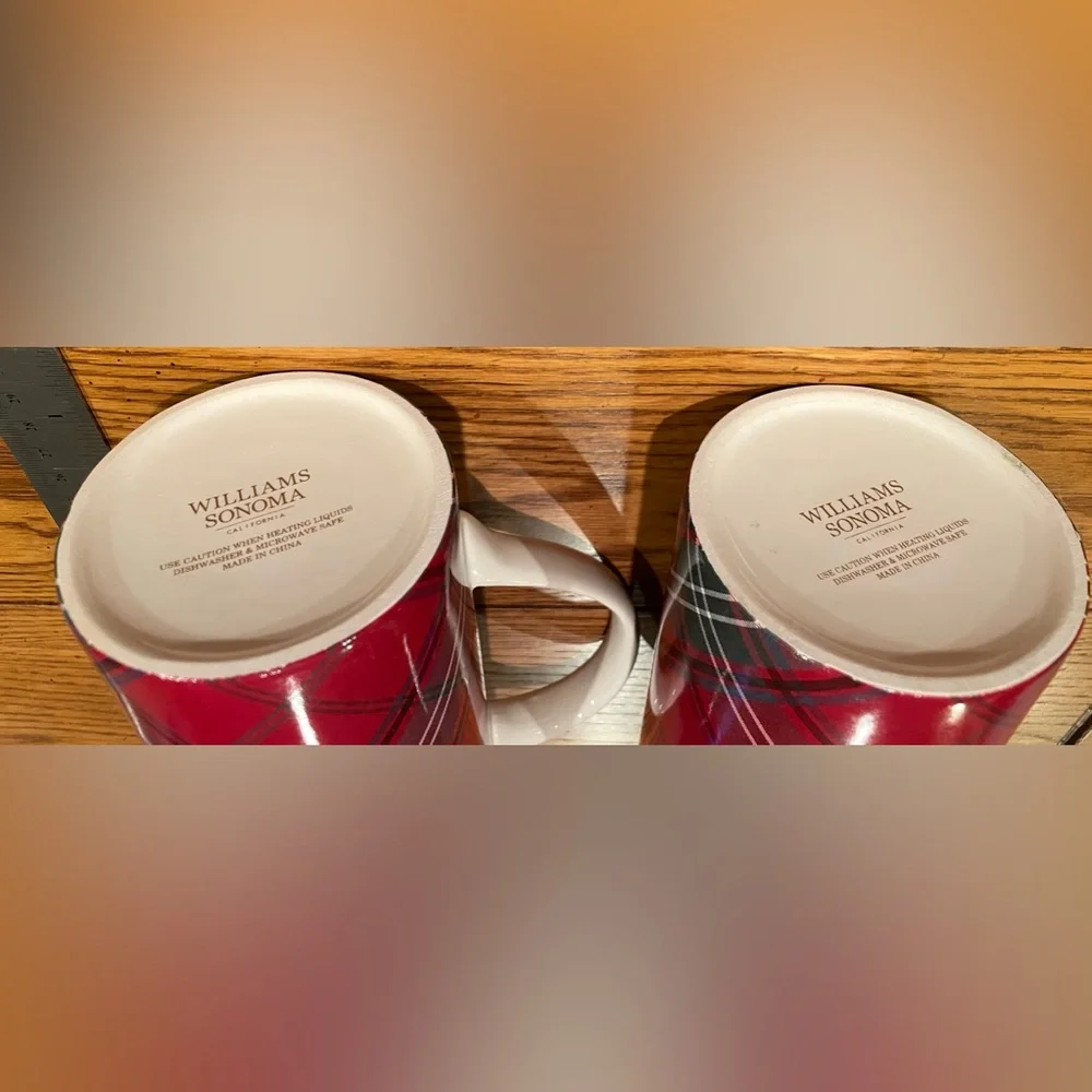 Excellent Used Condition Williams Sonoma Red Tartan Tall Mugs (set of 2)